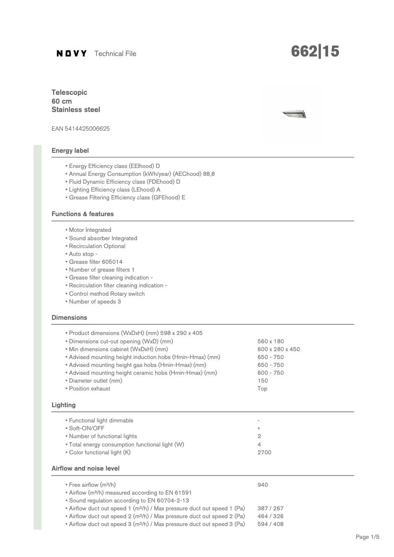 Page n°1 - Fiche technique Novy Telescopic Glass 662
