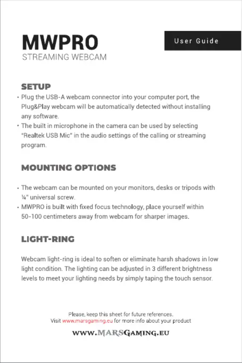 Page 1 de la notice Manuel utilisateur Mars Gaming MWPRO