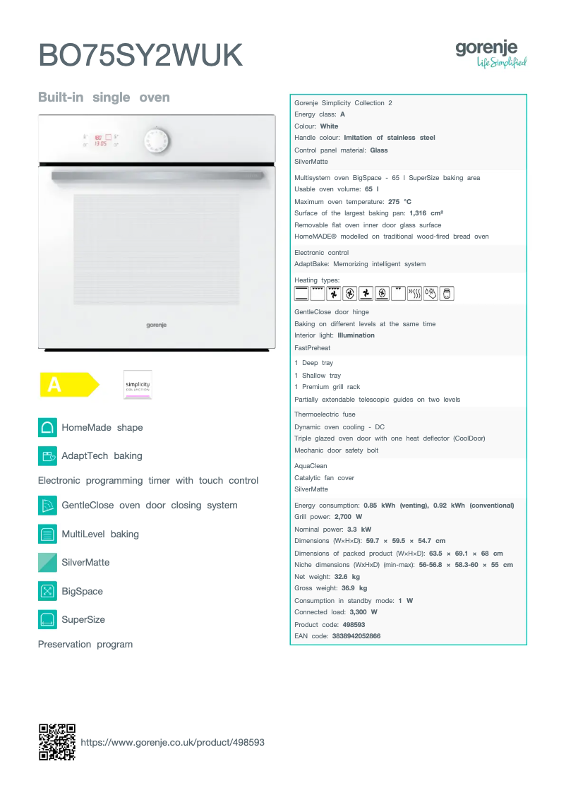 Page n°1 - Fiche technique Gorenje BO75SY2WUK
