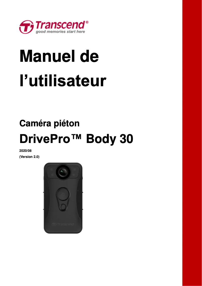 Page 1 de la notice Manuel utilisateur Transcend DrivePro Body 30