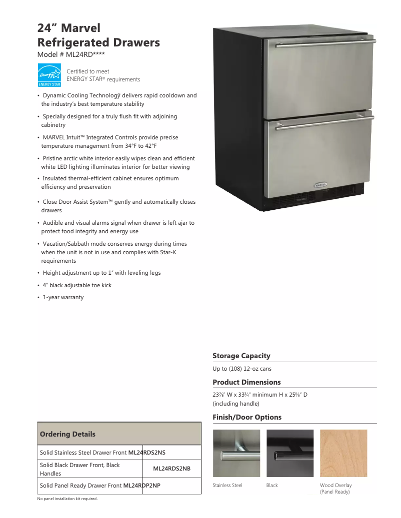 Page 1 de la notice Fiche technique Marvel ML24RDS2NB