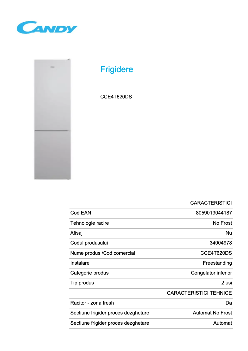 Page 1 de la notice Fiche technique Candy CCE4T620DS