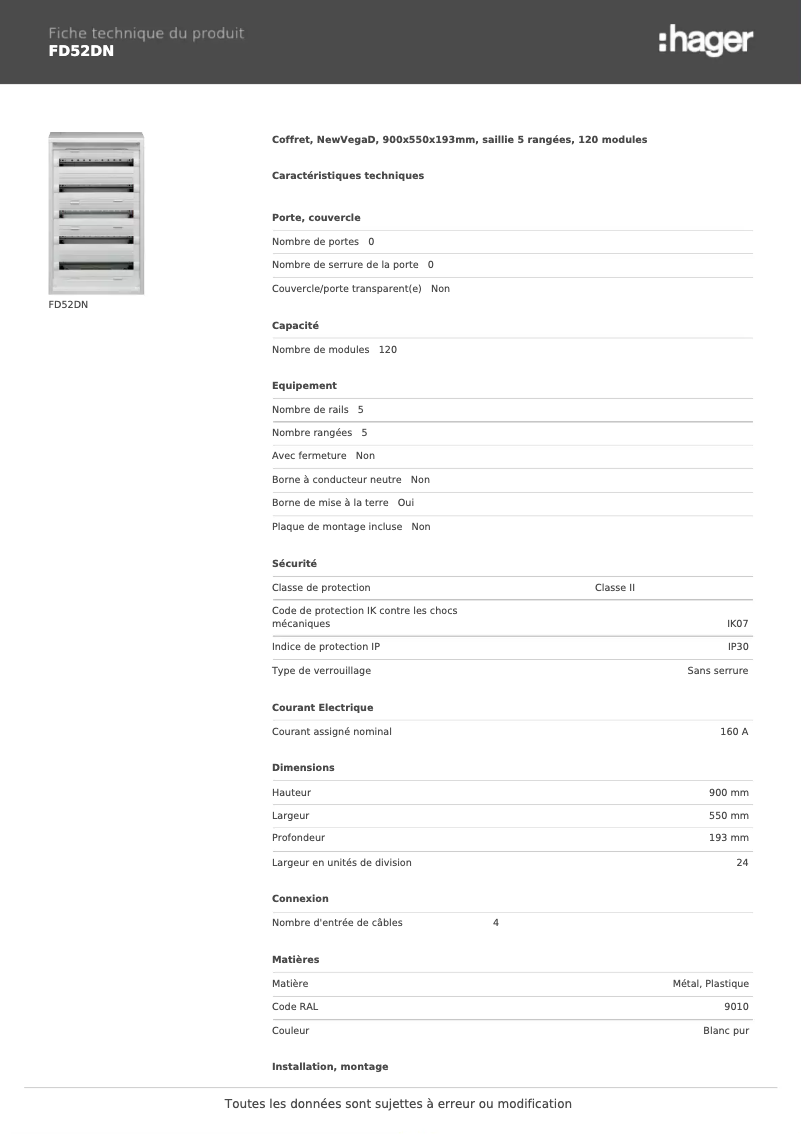 Page 1 de la notice Fiche technique Hager FD52DN