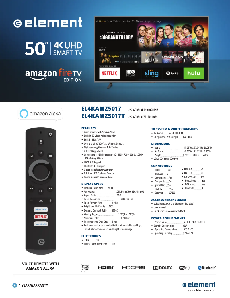 Page 1 de la notice Fiche technique Element EL4KAMZ5017