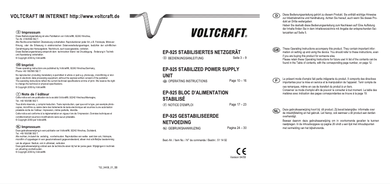 Page n°1 - Manuel utilisateur Voltcraft EP-925