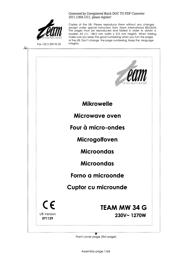 Image de la première page du manuel de l'appareil MW 34