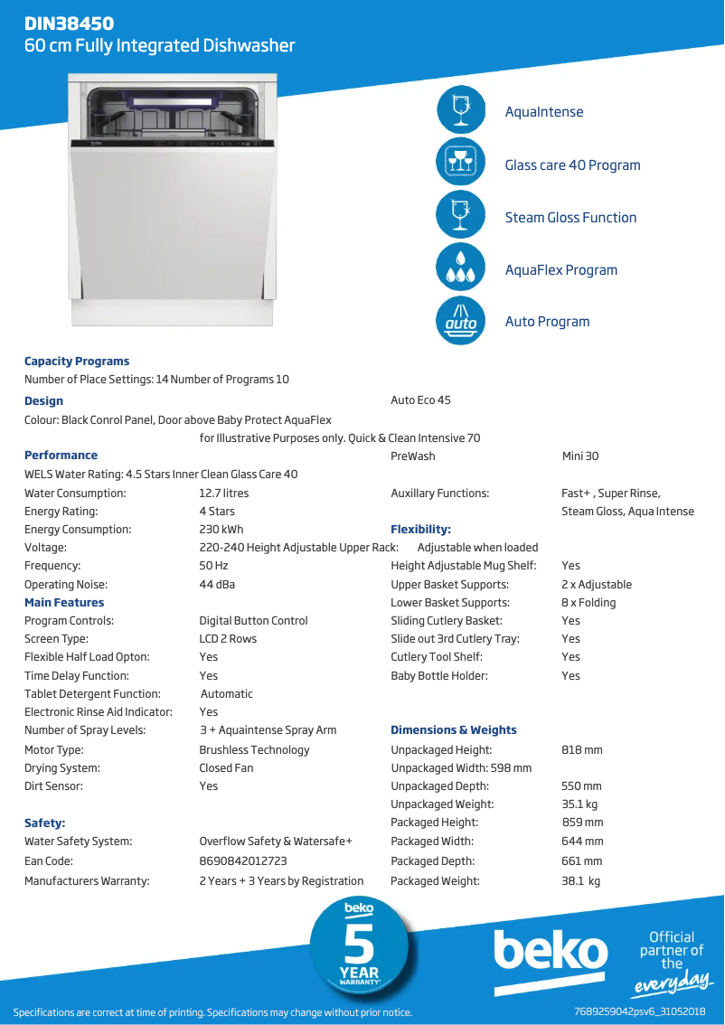 Page 1 de la notice Fiche technique Beko DIN38450
