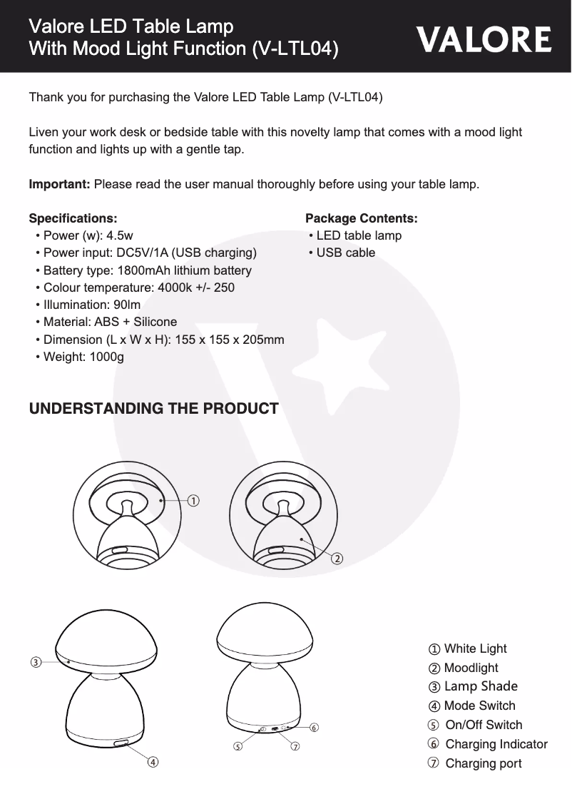 Page 1 de la notice Manuel utilisateur Valore V-LTL04