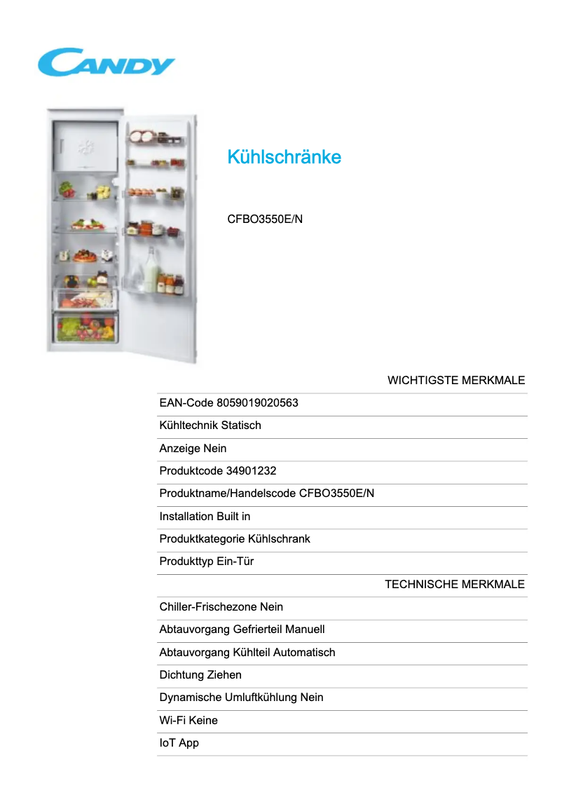 Page 1 de la notice Fiche technique Candy CFBO3550E/N