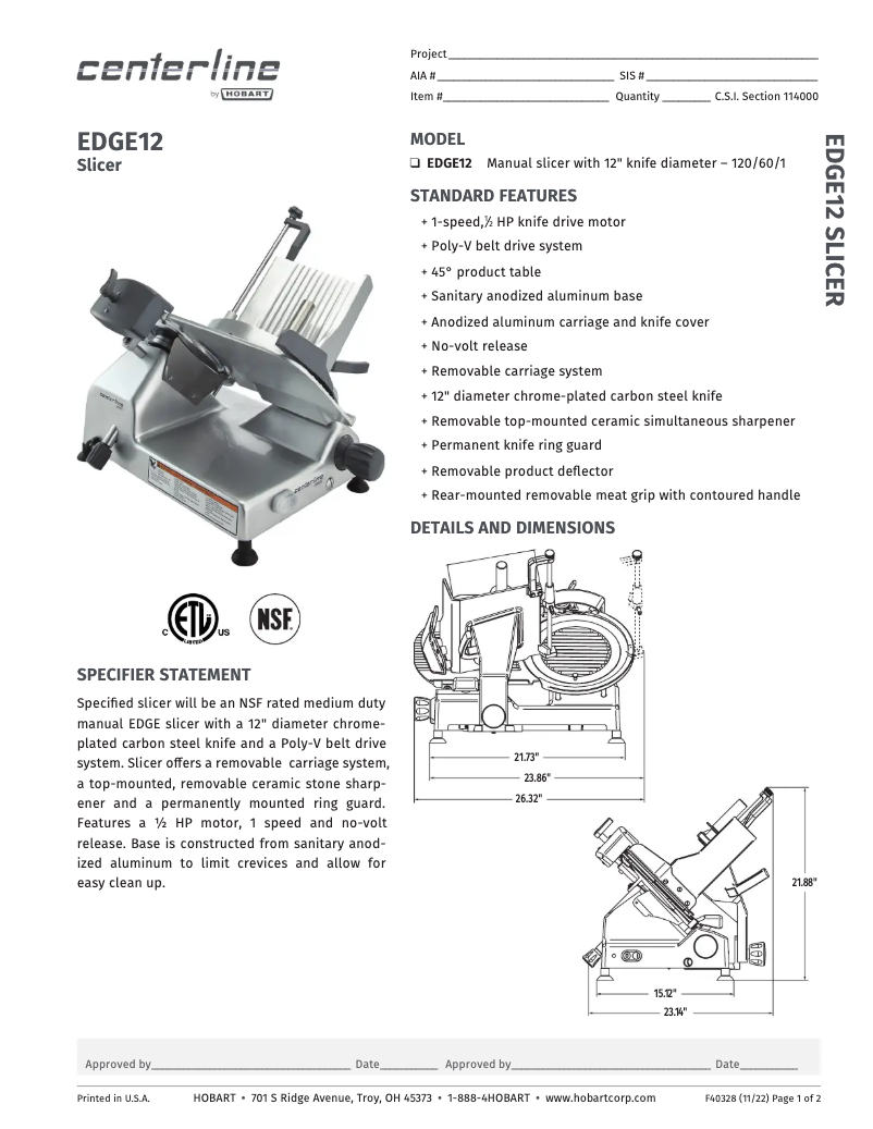 Página 1 del manual Ficha técnica Centerline EDGE12