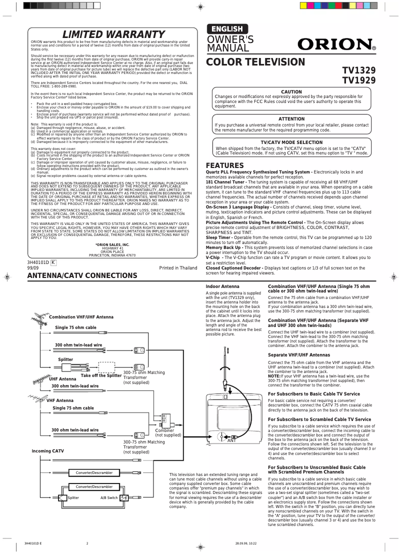 Page 1 de la notice Manuel utilisateur Orion TV1929