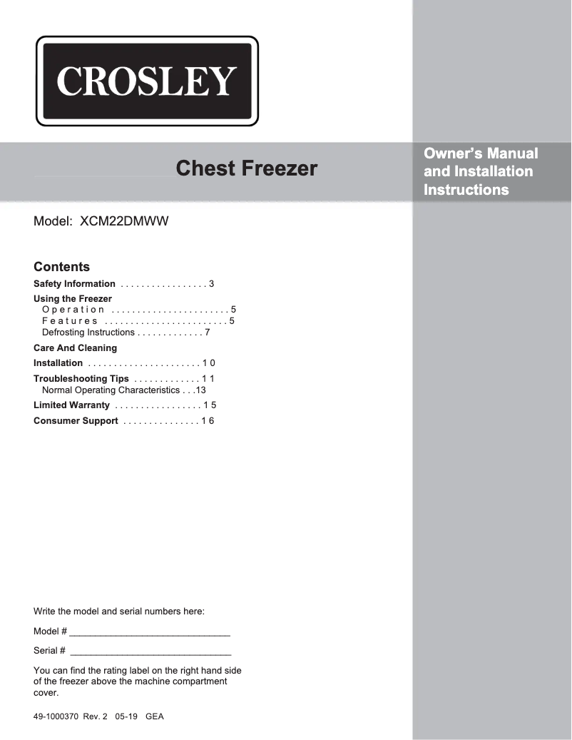 Page 1 de la notice Guide d'installation Crosley XCM22DMWW