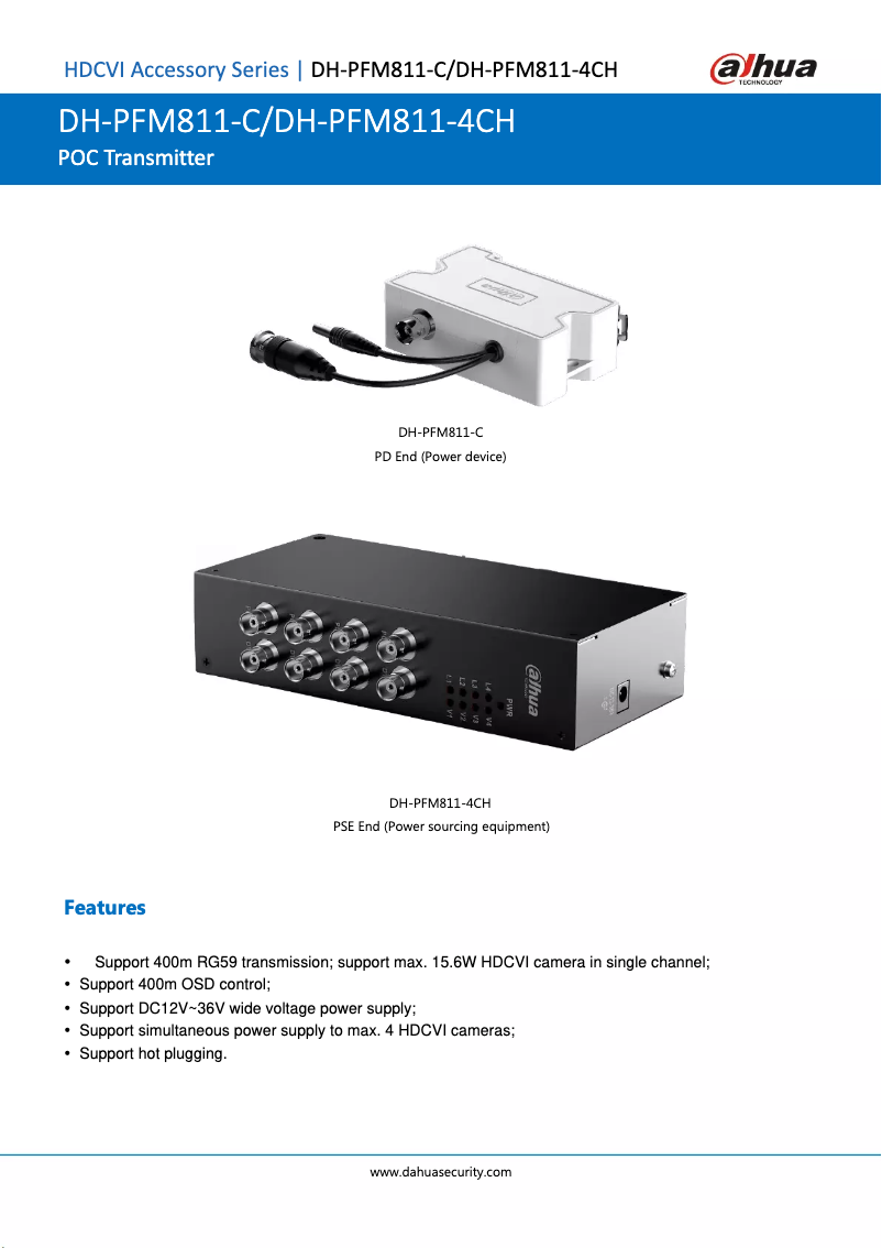 Page 1 de la notice Fiche technique Dahua Technology PFM811-C/DH-PFM811-4CH