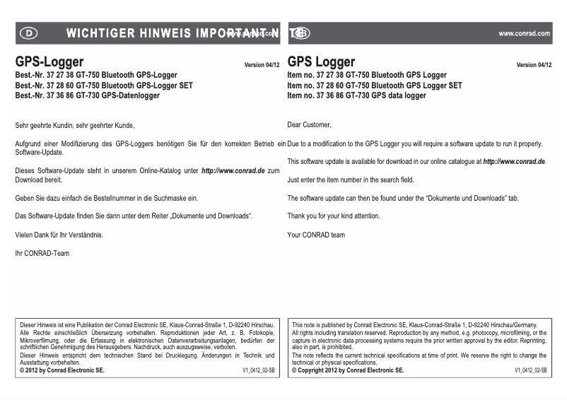 Page 1 de la notice Manuel utilisateur Conrad GT-730