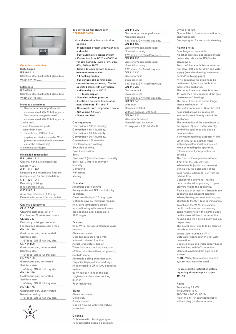 Page 1 de la notice Fiche technique Gaggenau BS484611