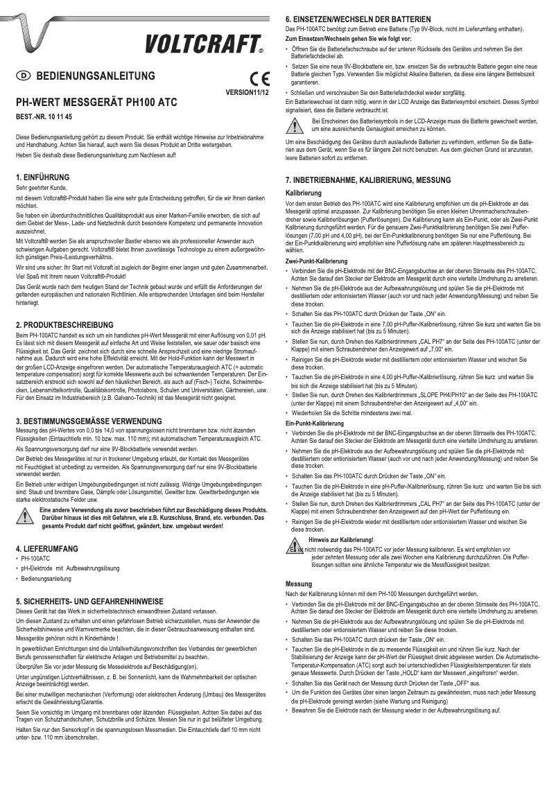 Página 1 del manual Manual de usuario Voltcraft PH-100 ATC