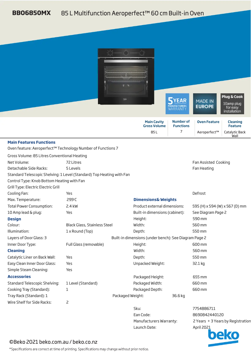 Page n°1 - Fiche technique Beko BBO6850MX