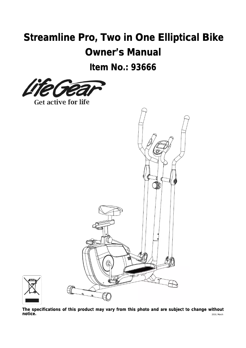 Page 1 de la notice Manuel utilisateur Life Gear Streamline Pro Two In One Elliptical Bike 93666