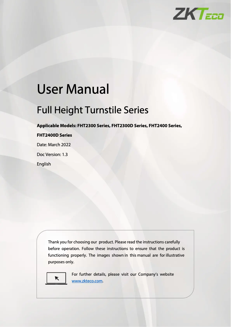 Page 1 de la notice Manuel utilisateur ZKTeco FHT2400