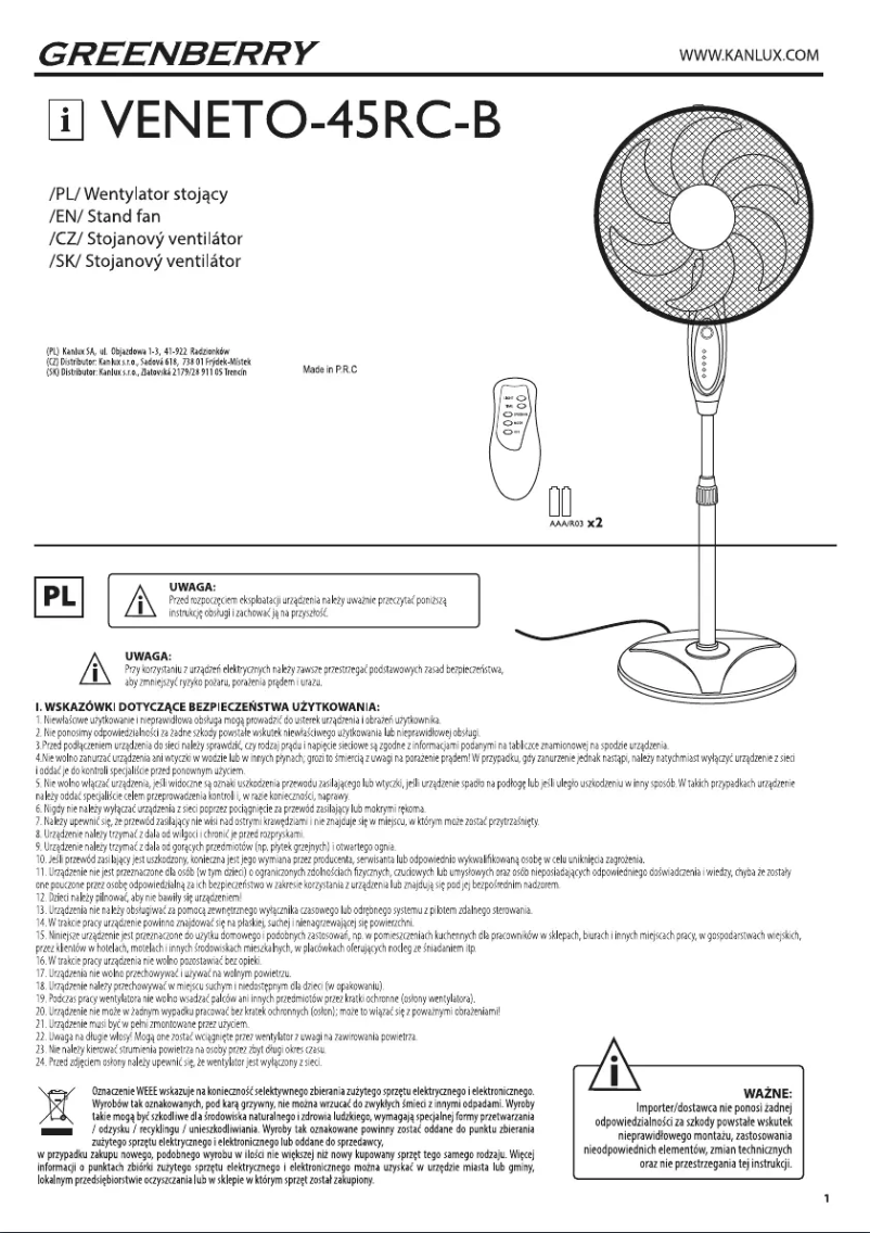 Image de la première page du manuel de l'appareil VENETO-45RC-B