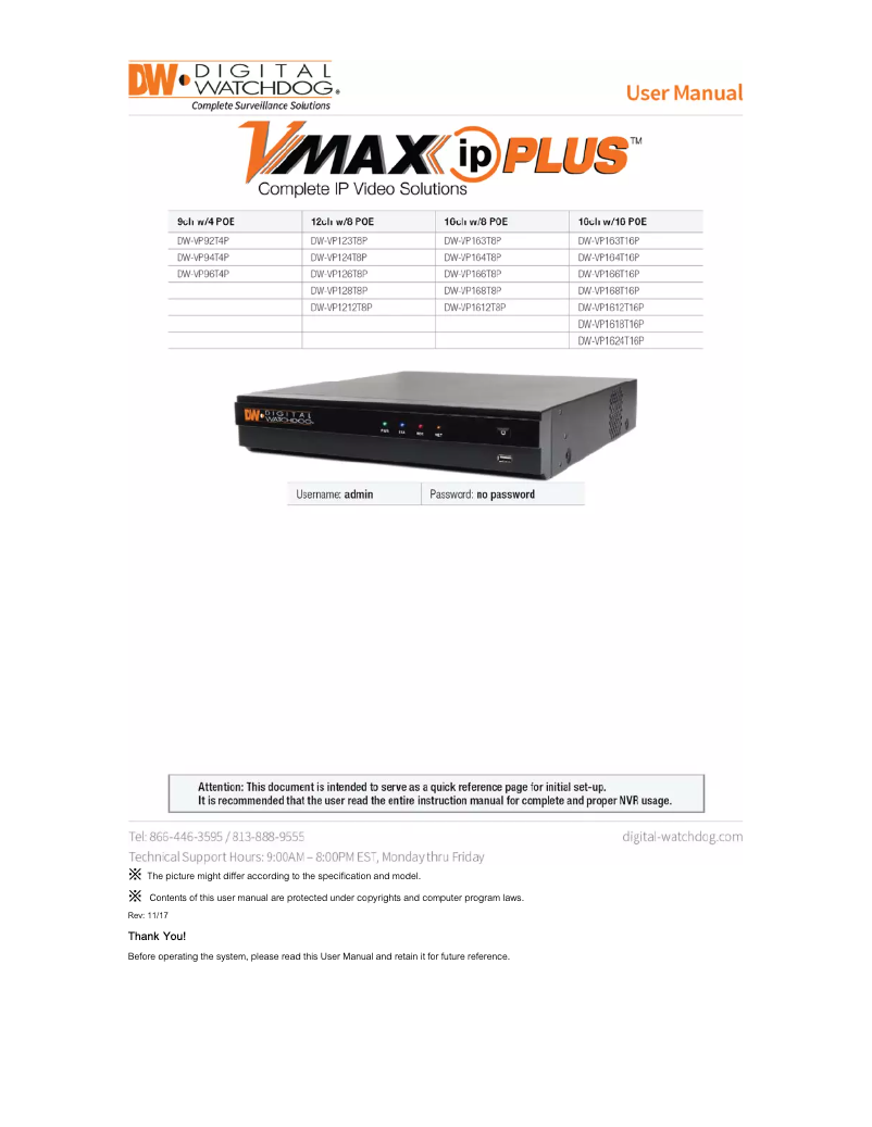 Page n°1 - Manuel utilisateur Digital Watchdog VMAX IP Plus DW-VP94T4P