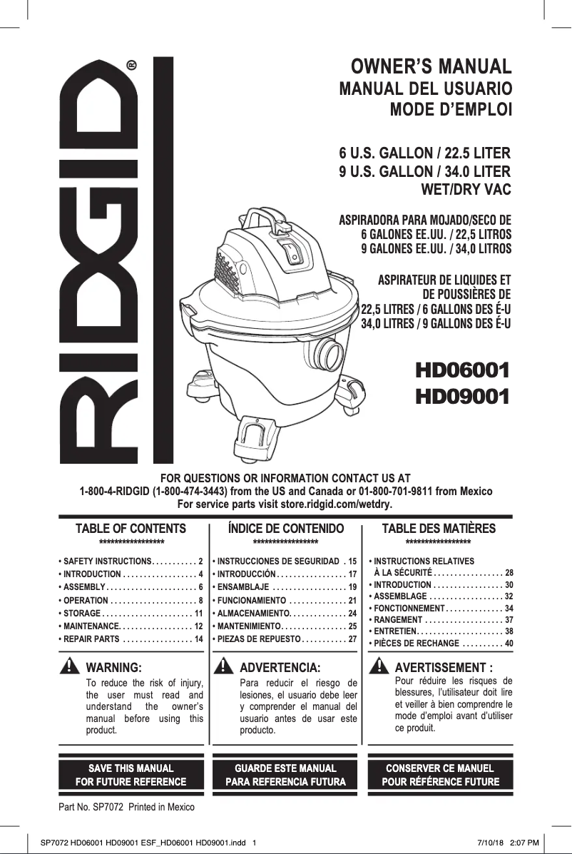 Page 1 de la notice Manuel utilisateur Ridgid RV2400HF0