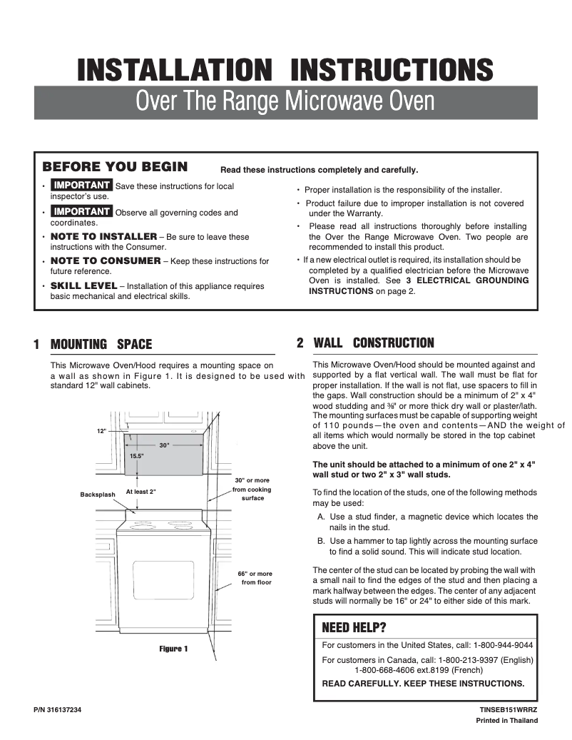 Page n°1 - Guide d'installation Frigidaire GLMV169HS