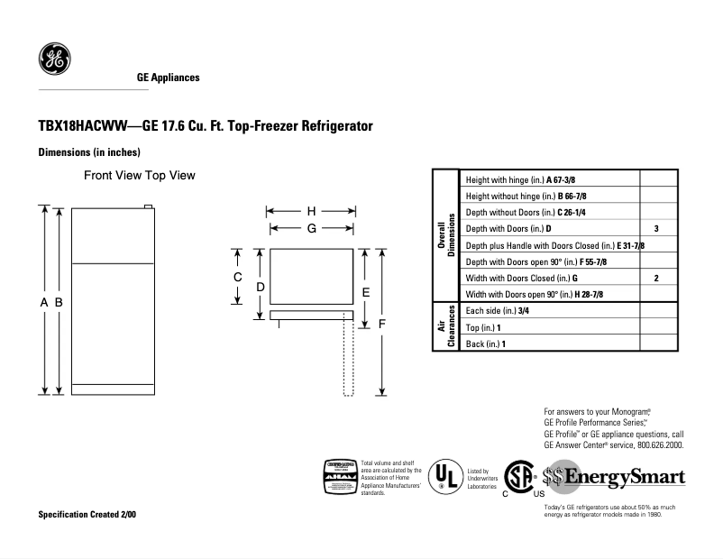Page 1 de la notice Fiche technique GE TBX18HACWW