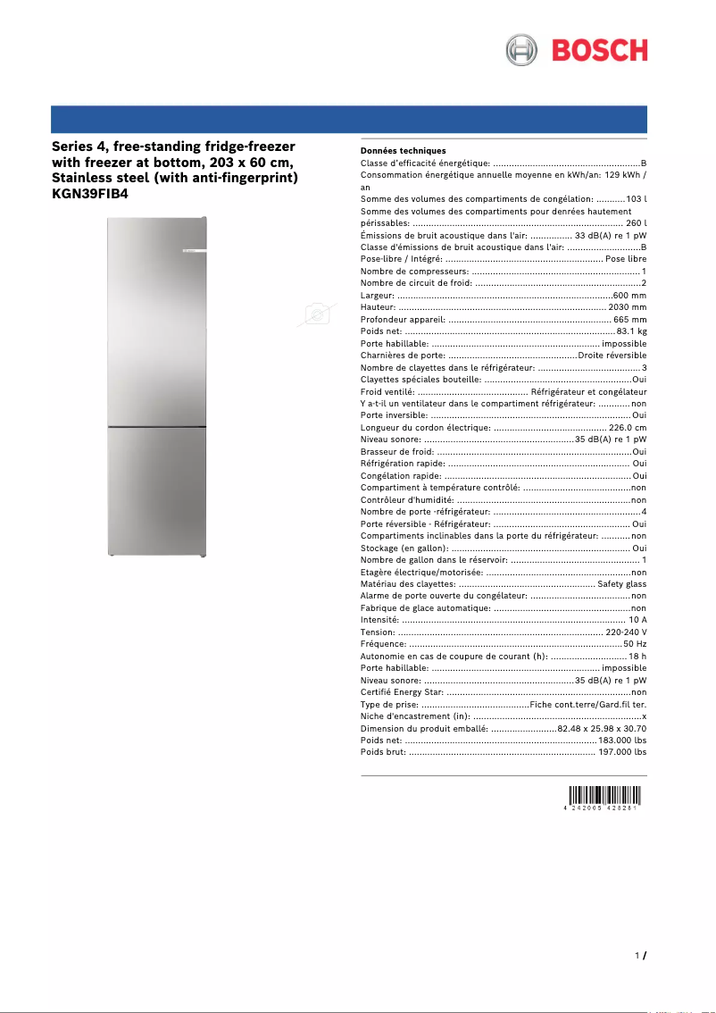 Page n°1 - Fiche technique Bosch KGN39FIB4