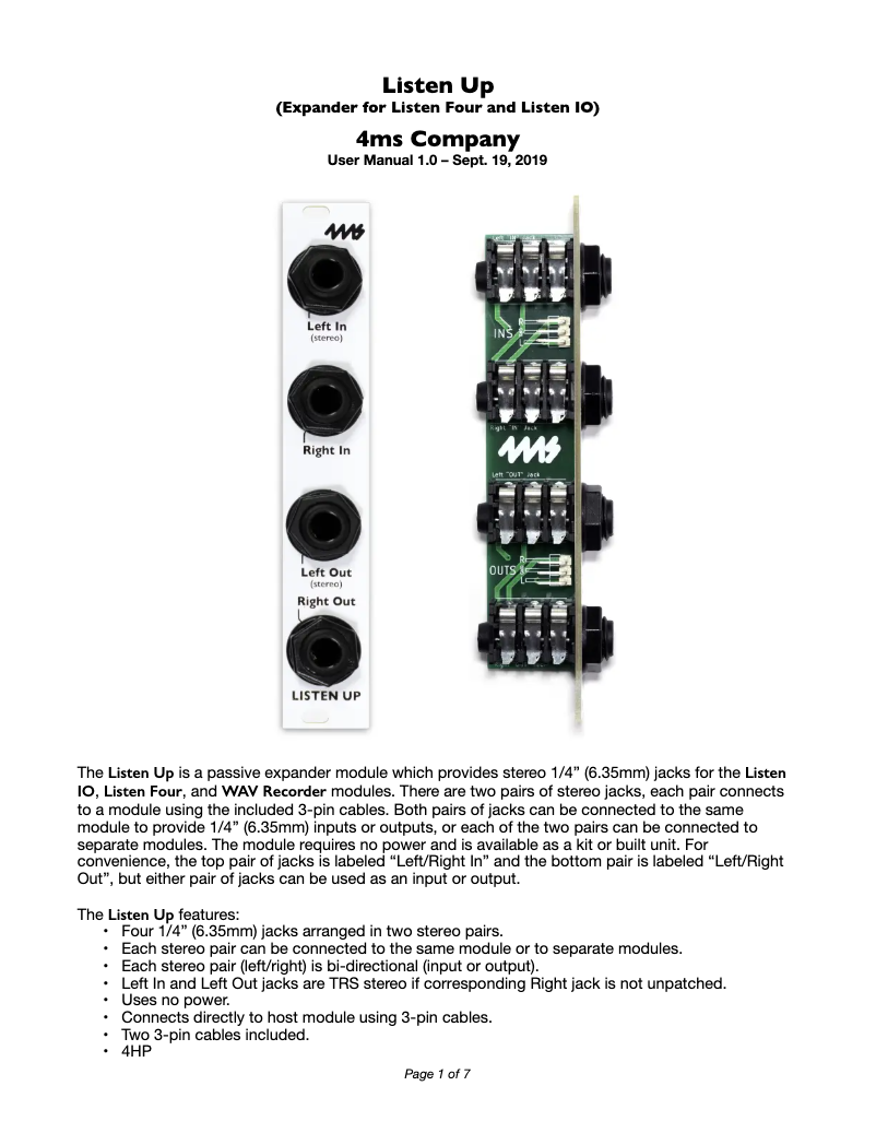 Page 1 de la notice Manuel utilisateur 4ms Listen Up