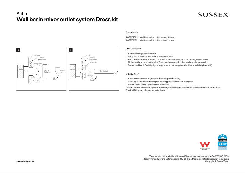Page n°1 - Manuel utilisateur Sussex BWBMS210RH