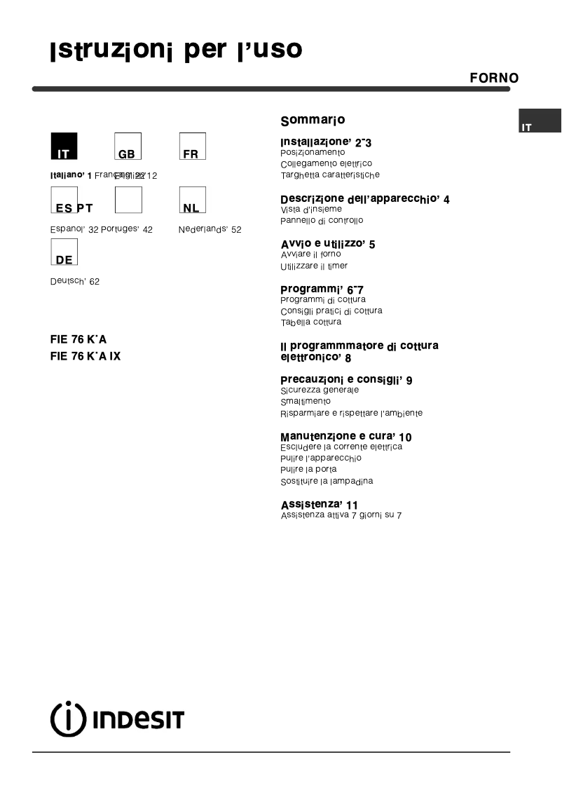 Page 1 de la notice Manuel utilisateur Indesit FIE 76 KA