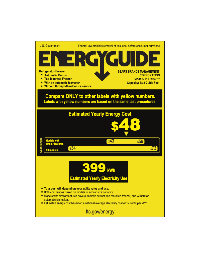 Page 1 de la notice Label énergétique Kenmore 69332