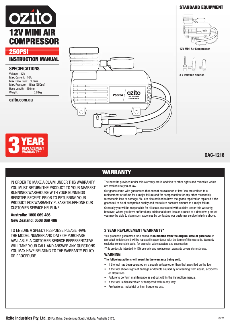 Page 1 de la notice Manuel utilisateur Ozito OAC-1218