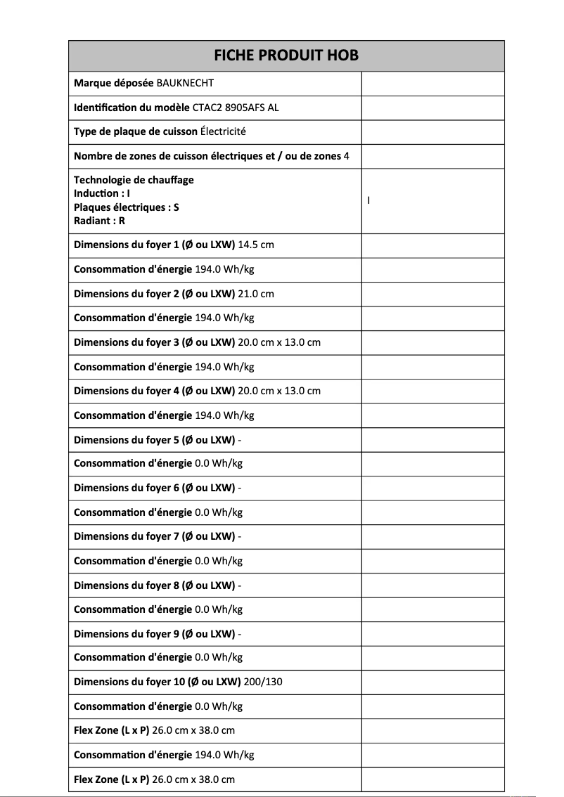 Page 1 de la notice Fiche technique Bauknecht CTAC2 8905AFS AL