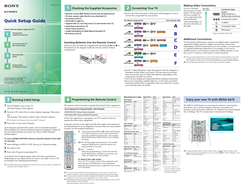 Page n°1 - Guide d'installation Sony Wega KLV-S40A10