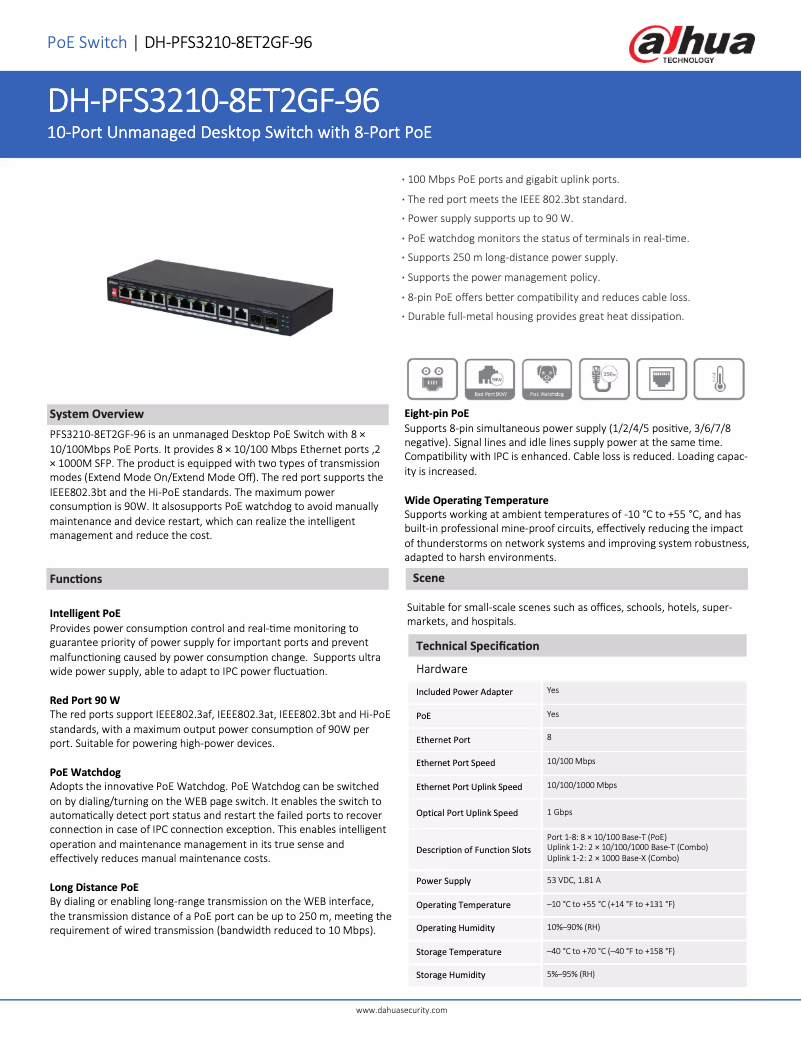 Page 1 de la notice Fiche technique Dahua Technology PFS3210-8ET2GF-96