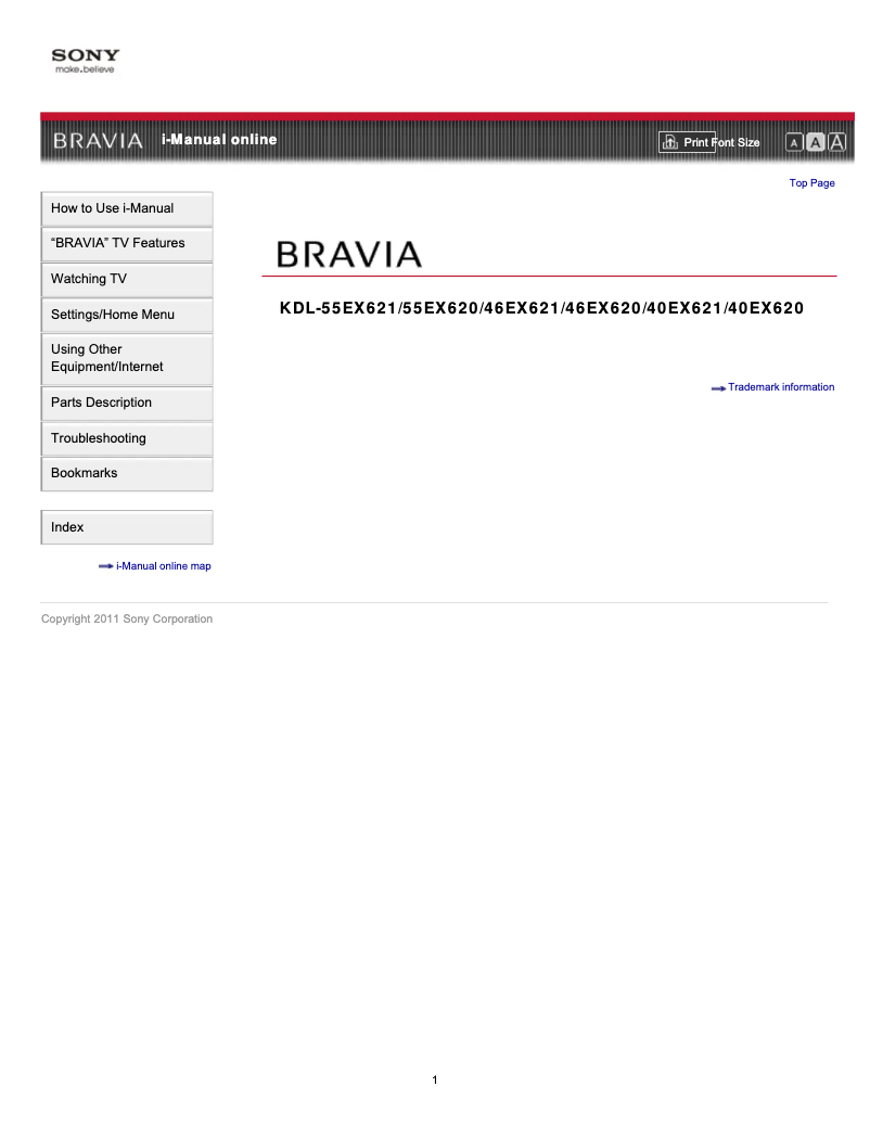 Page 1 de la notice Manuel utilisateur Sony Bravia KDL-55EX621