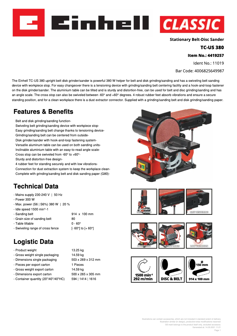 Page 1 de la notice Fiche technique Einhell TC-US 380
