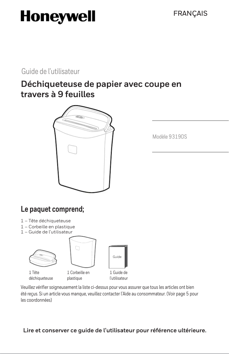Page n°1 - Manuel utilisateur Honeywell 9319DS