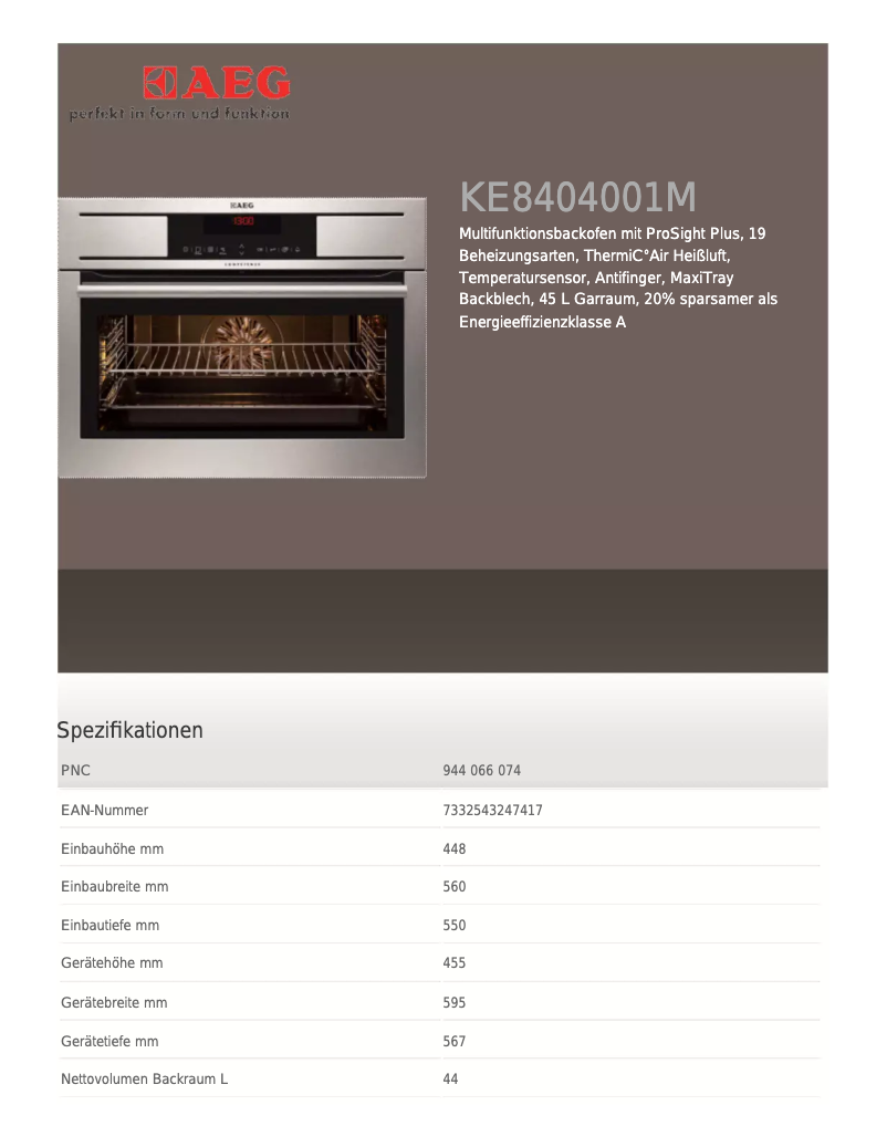 Page n°1 - Fiche technique AEG KE8404001M