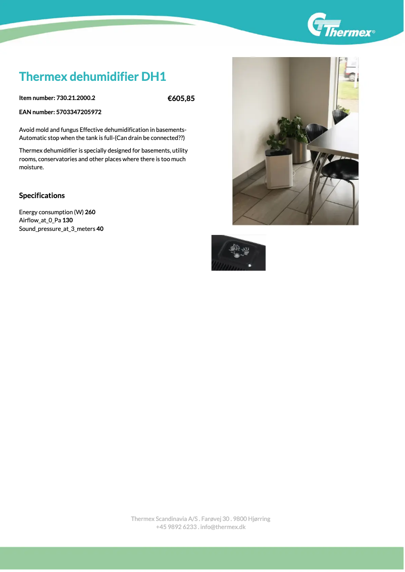 Page 1 de la notice Fiche technique Thermex DH1