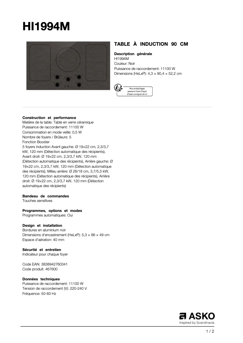 Page 1 de la notice Fiche technique Asko HI 1994 M