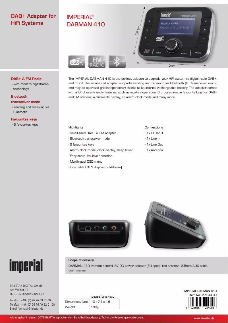 First page image of the manual for DABMAN 410