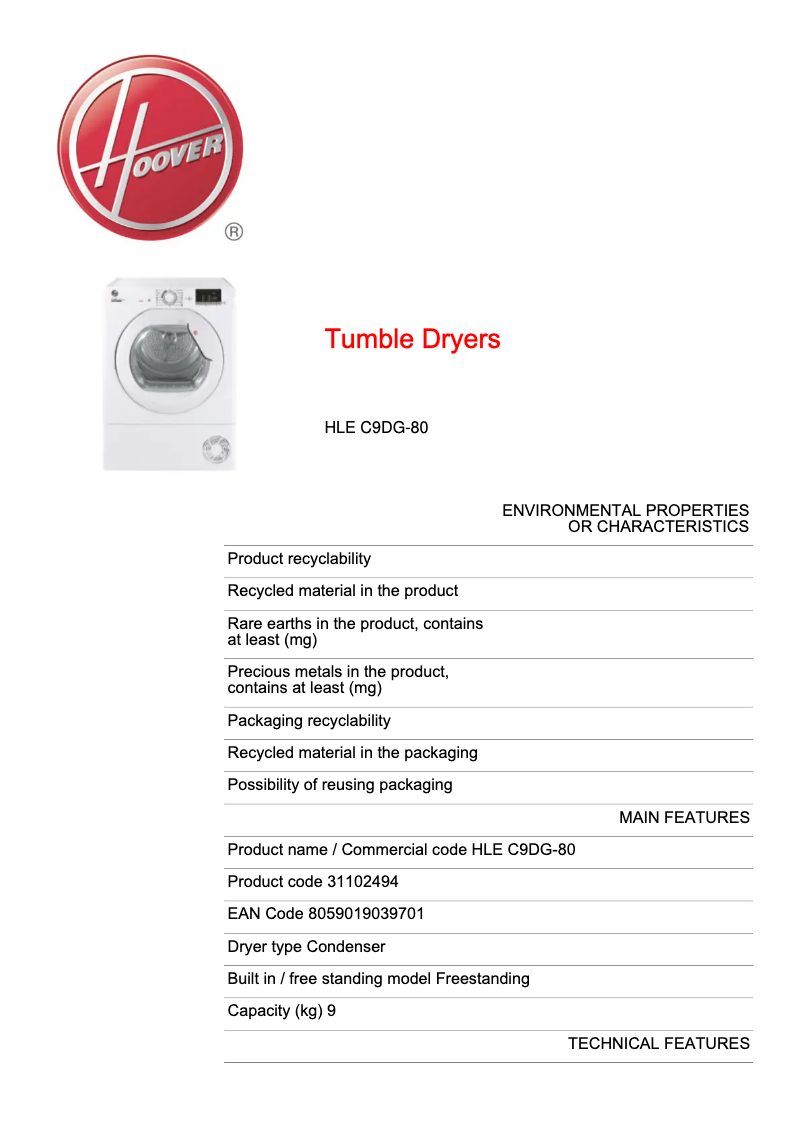 Page 1 de la notice Fiche technique Hoover HLE C9DG-80
