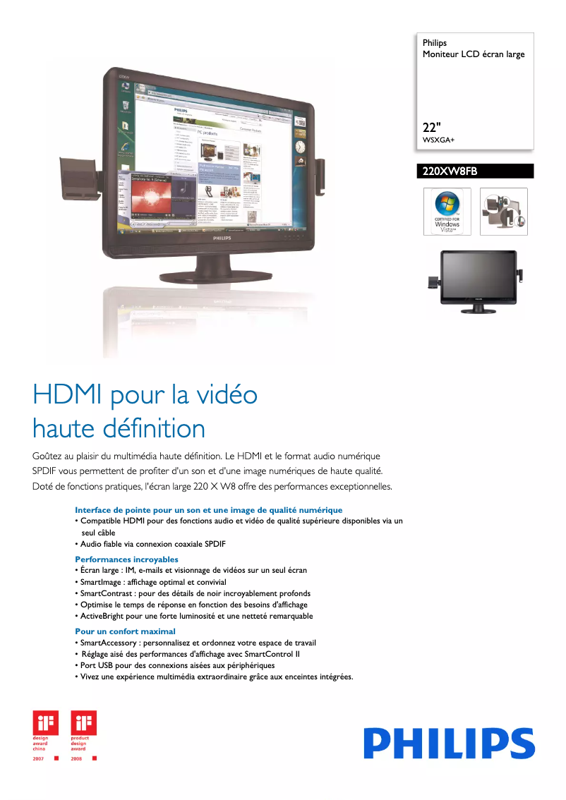 Page 1 de la notice Fiche technique Philips 220XW8FB