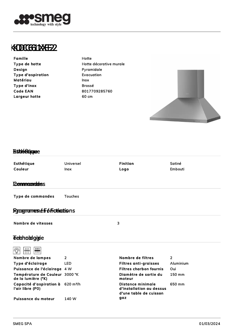Page n°1 - Fiche technique Smeg KDC61XE2