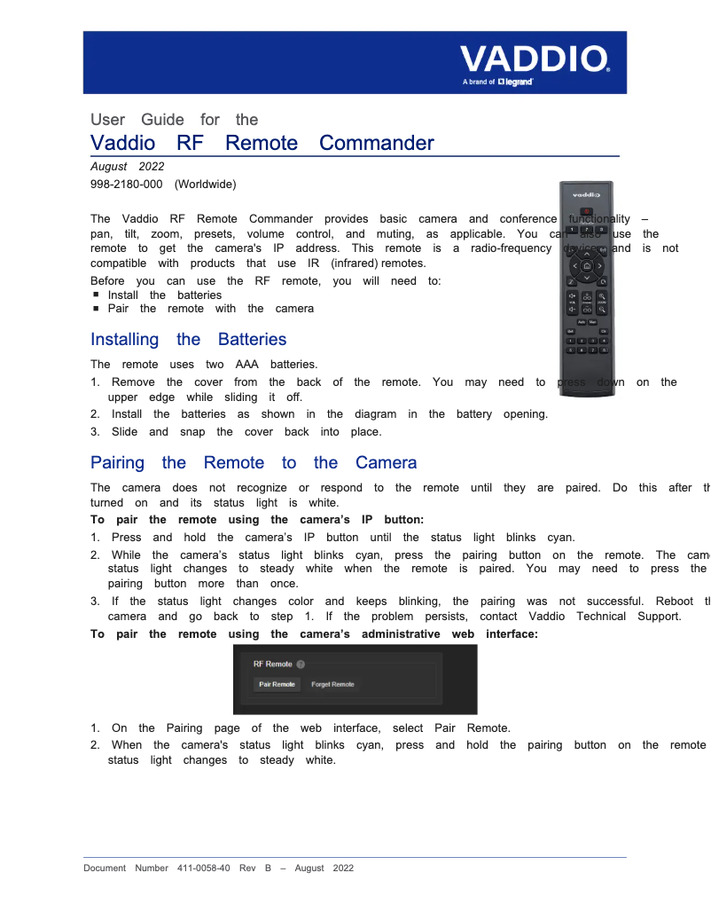 Page 1 de la notice Manuel utilisateur Vaddio RF Remote Commander