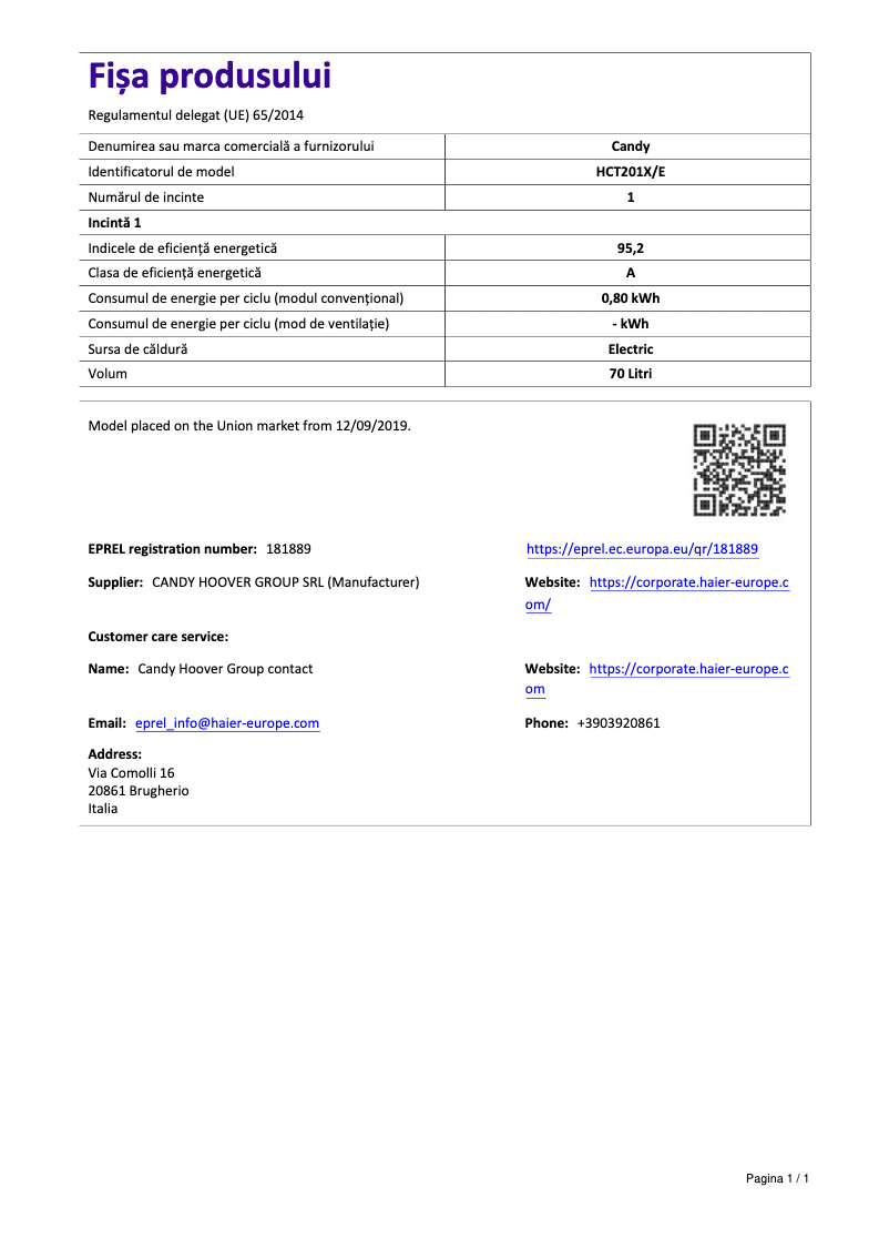 Page 1 de la notice Manuel utilisateur Candy HCT201X/E