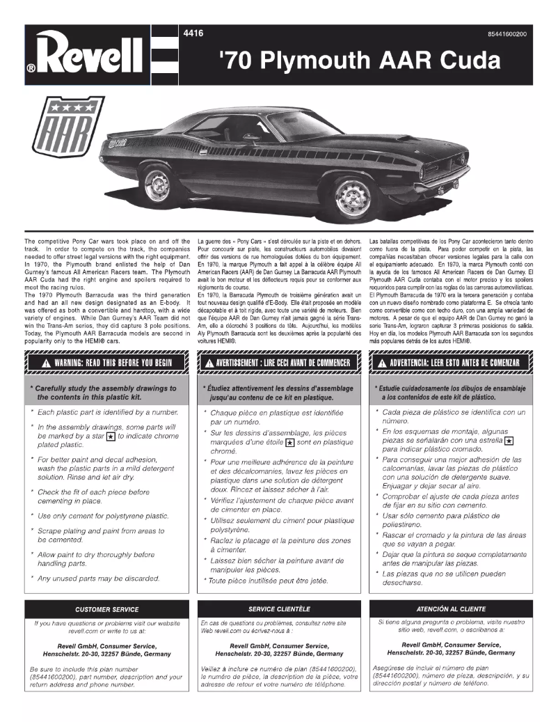 Page n°1 - Manuel utilisateur Revell '70 Plymouth AAR Cuda
